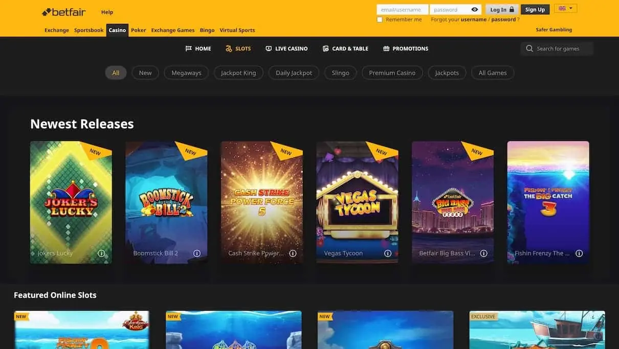 Betfair casino homepage showing live casino and slots options