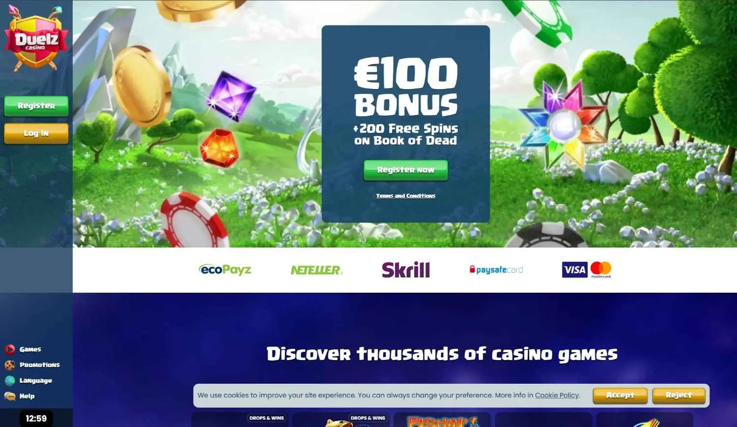 Duelz casino homepage showing fantasy-themed gamification interface and slot lobby