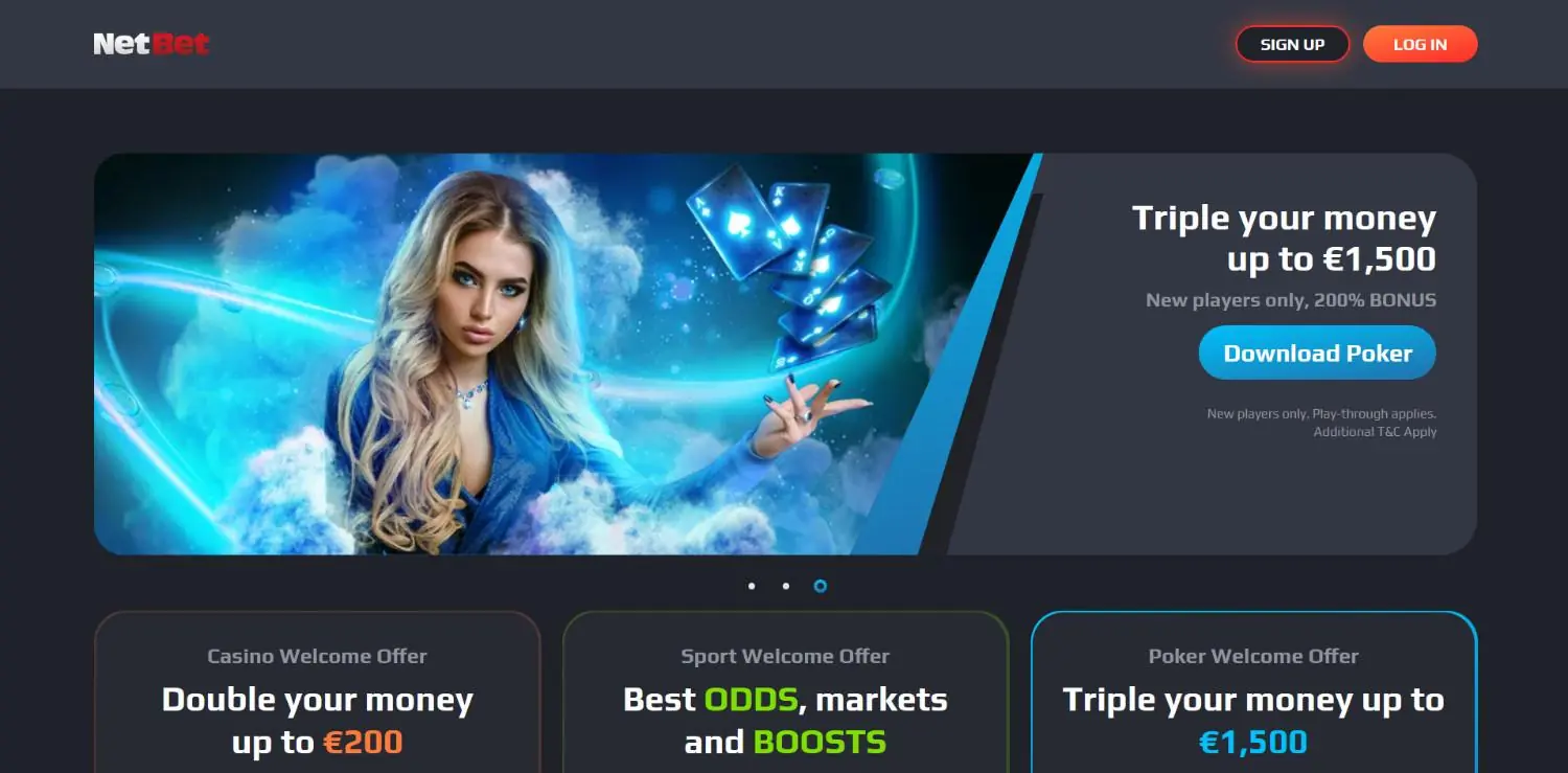 NetBet casino homepage showing welcome offer and game library