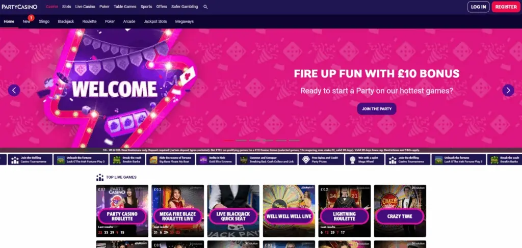 Party Casino homepage showing tiered loyalty programme and Entain-network branding