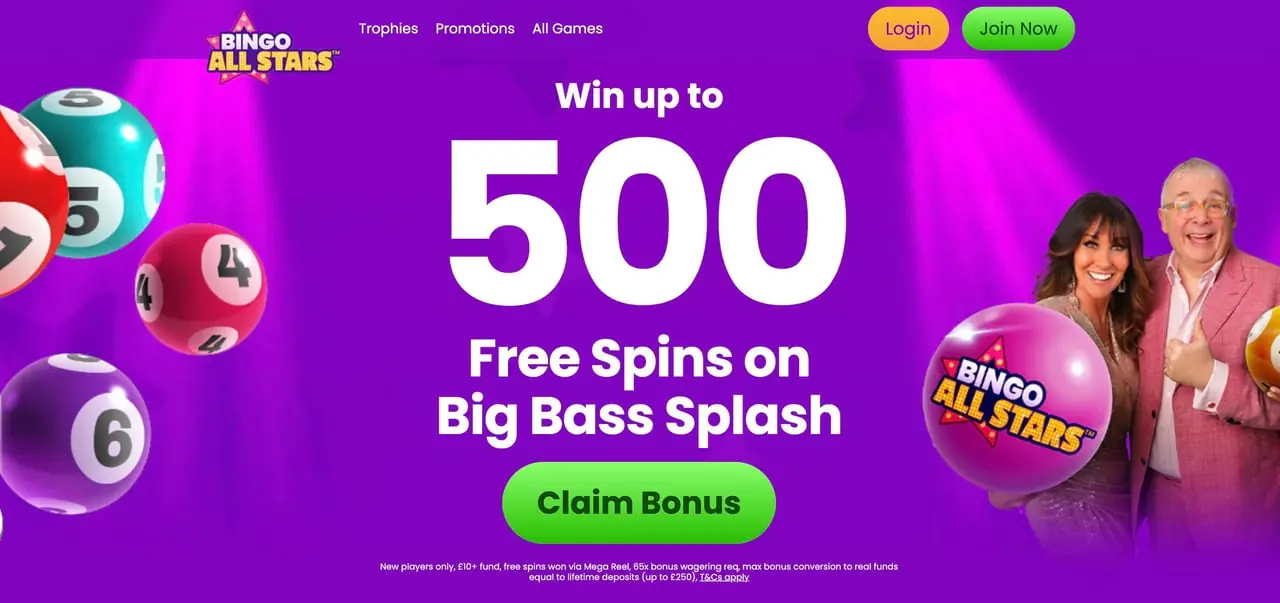 Bingo All Stars homepage showing the Mega Reel welcome offer with up to 500 free spins on Big Bass Splash