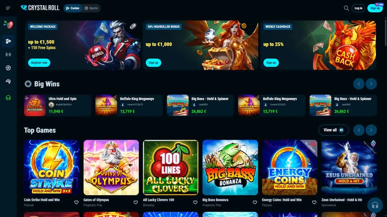 CrystalRoll Casino homepage