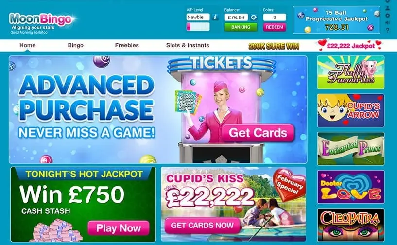 Moon Bingo homepage lobby showing bingo rooms, jackpots and featured slots
