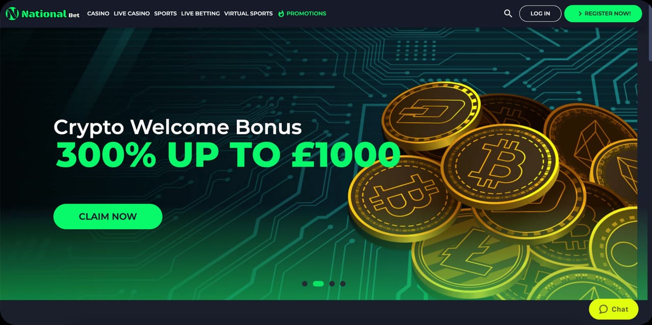 NationalBet homepage showing its crypto welcome bonus; an offshore Curacao site now reported closed, with no UKGC protection for UK players