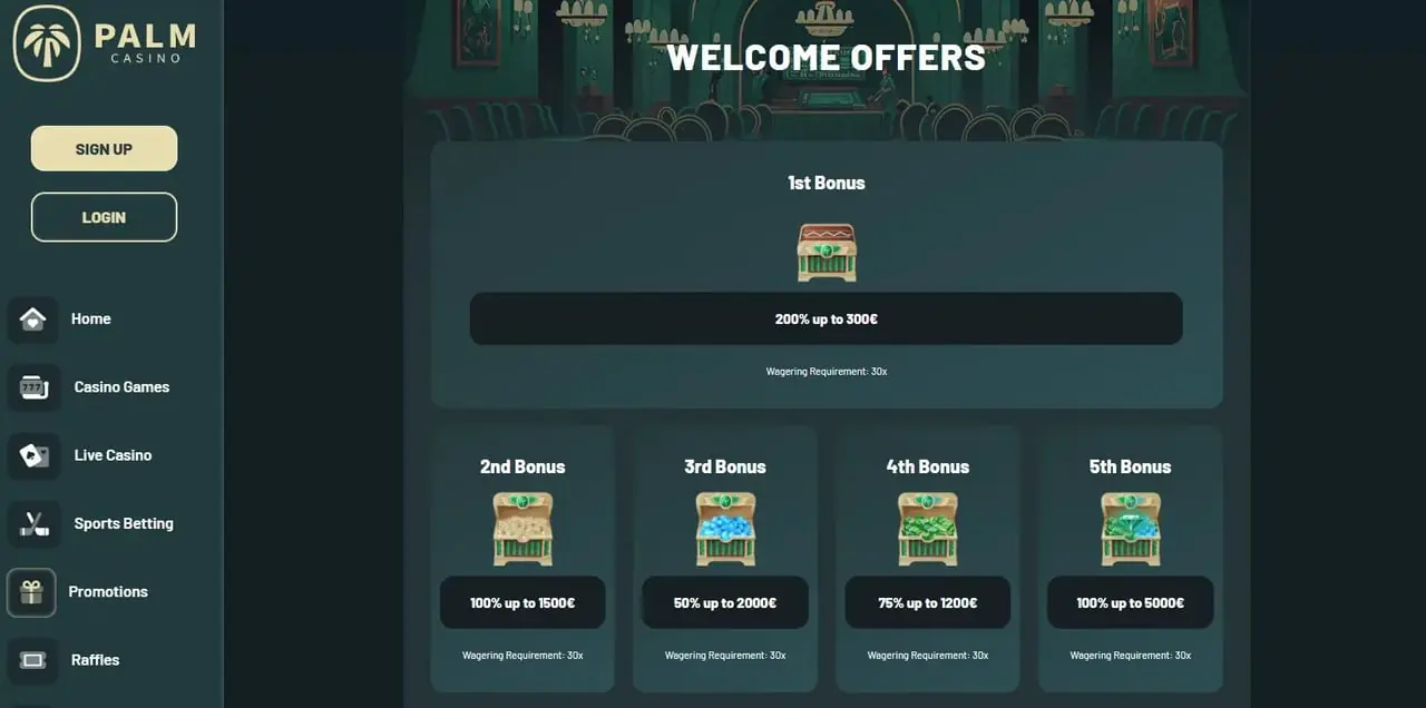 Palm Casino homepage showing its multi-tier welcome offer; an offshore Curacao-licensed site, not available to UK players under UKGC protection