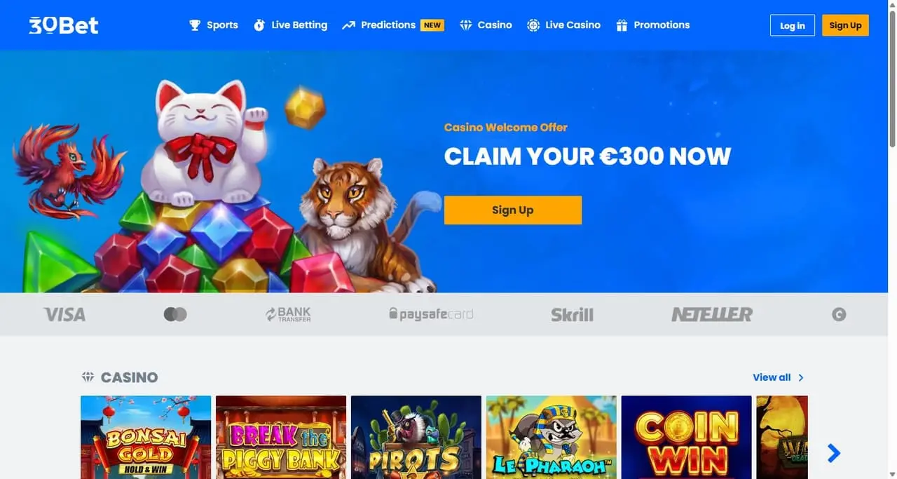 30Bet casino homepage