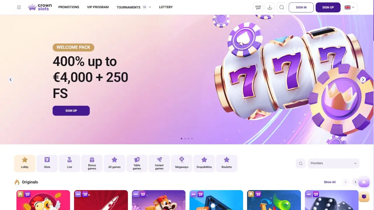 CrownSlots casino homepage