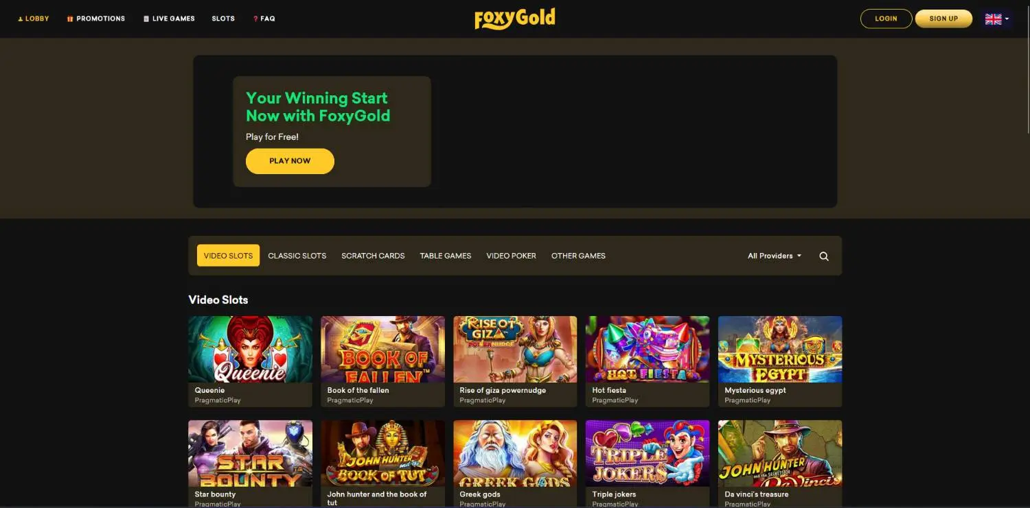 Foxygold homepage showing its welcome promotion and casino navigation