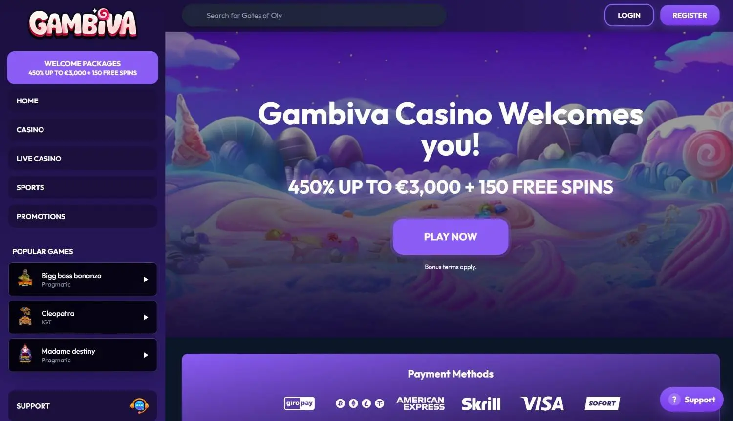 Gambiva casino homepage