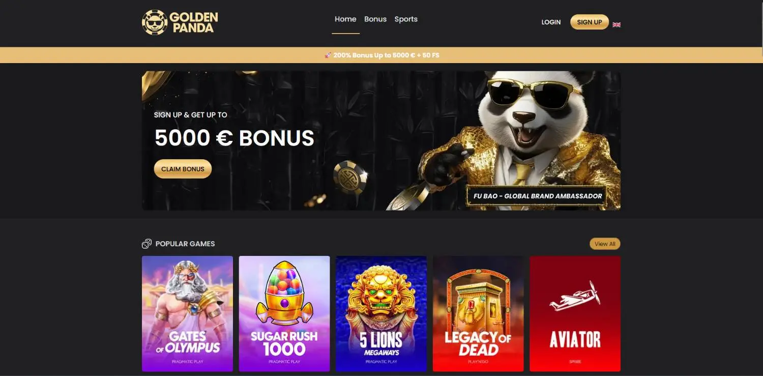 Golden Panda homepage showing a 5000 euro bonus banner above popular slot titles