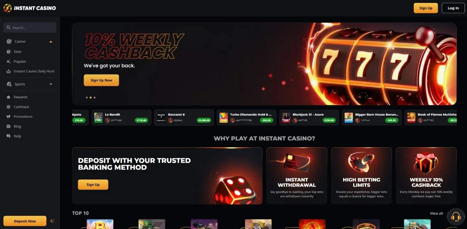 Instant Casino homepage showing its welcome offer above a row of slot titles