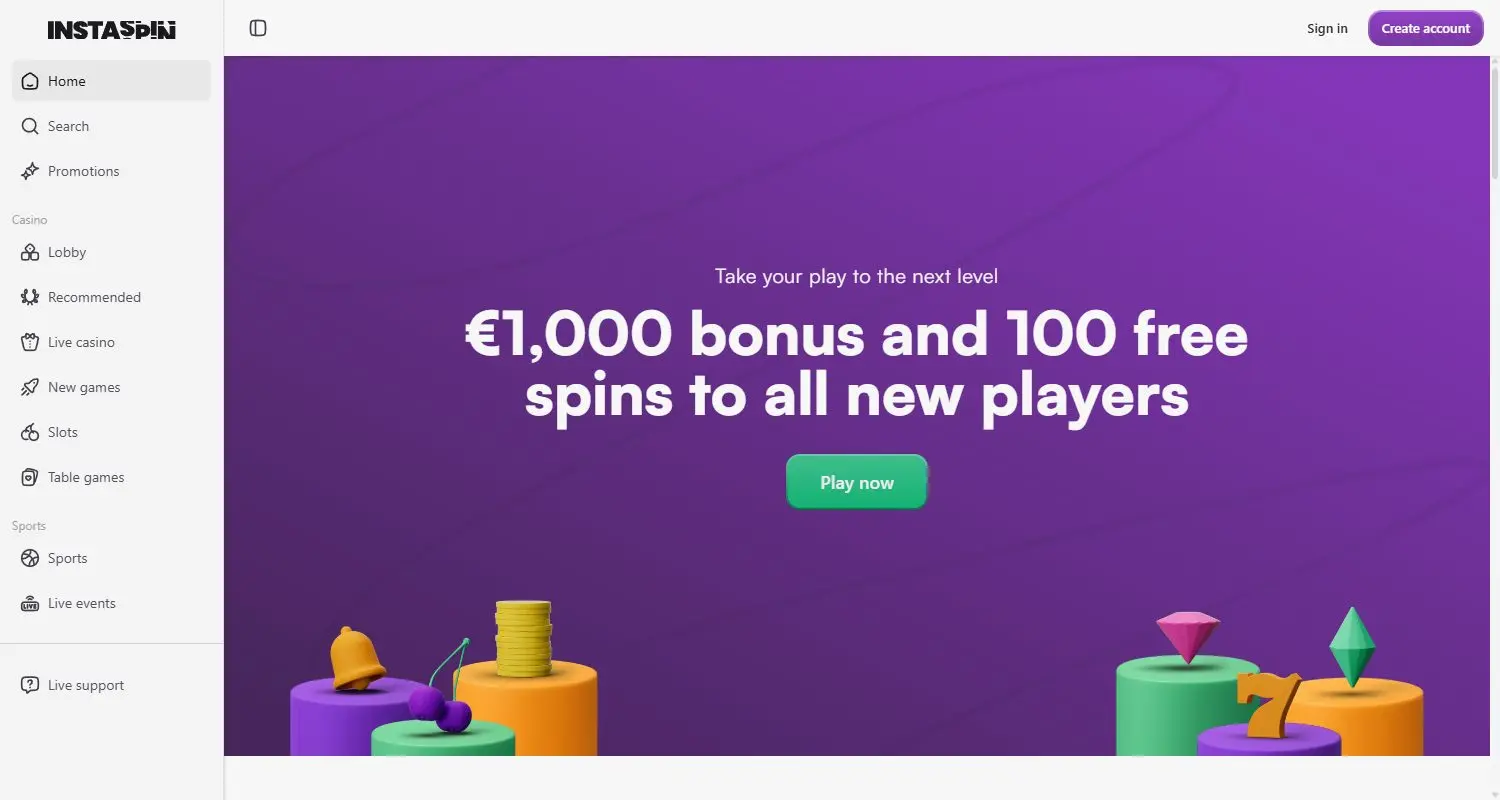 InstaSpin homepage showing a 1,000 euro bonus and 100 free spins welcome offer, with casino and sports sections in the left sidebar
