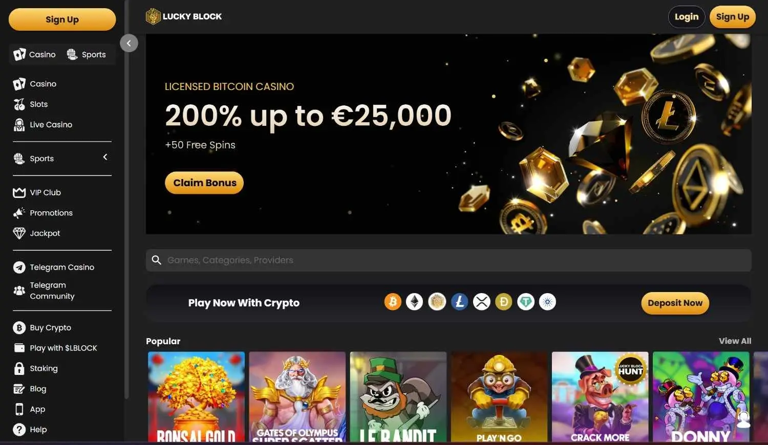 Lucky Block homepage showing its casino and sportsbook navigation above featured games