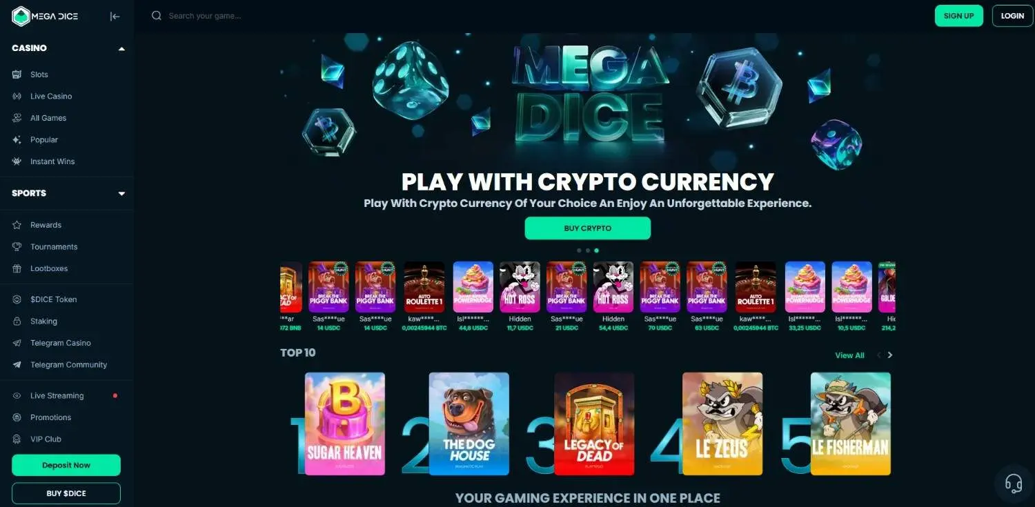 MegaDice homepage showing its crypto casino lobby with featured games