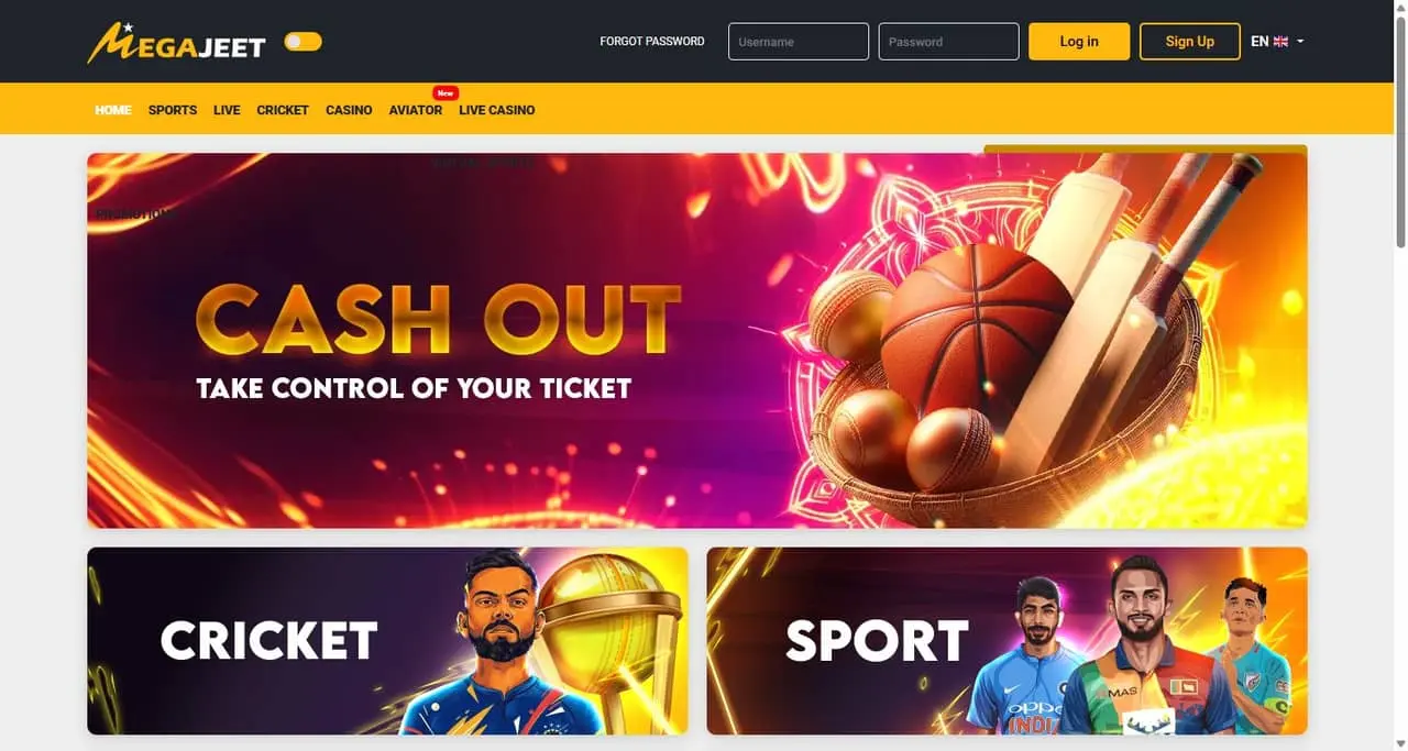 MegaJeet homepage showing a cash out promotion above cricket and sport panels, with casino and live casino navigation