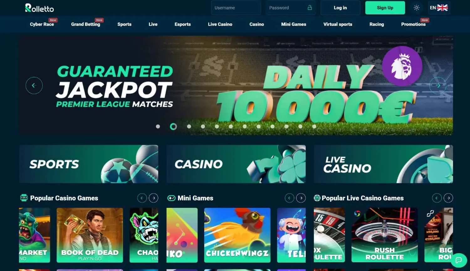 Rolletto casino homepage