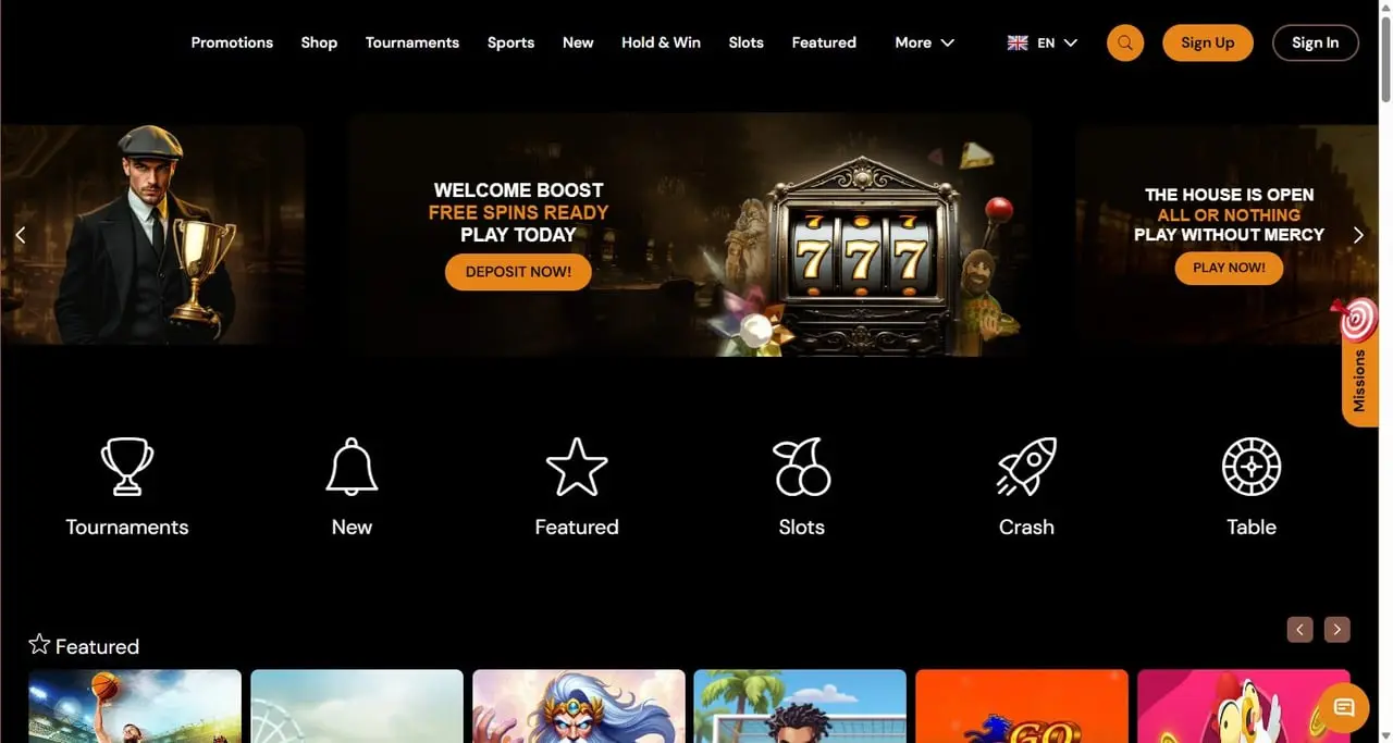 ShelbyWin homepage showing a welcome boost free spins promotion above category tiles for tournaments, slots and table games