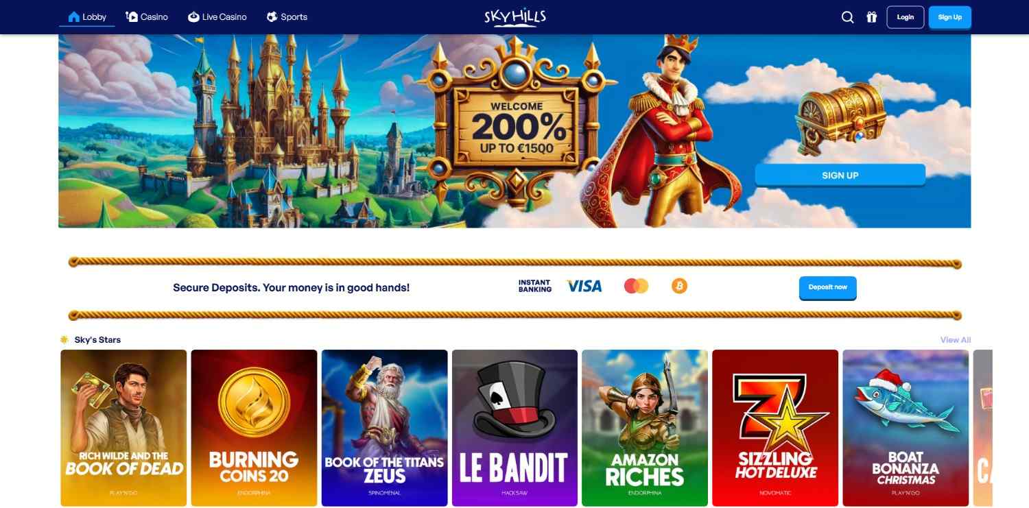 Skyhills homepage showing its welcome bonus banner above popular slot titles