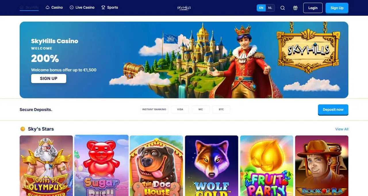 SkyHills casino homepage showing the 200% welcome bonus, payment options and featured slot titles