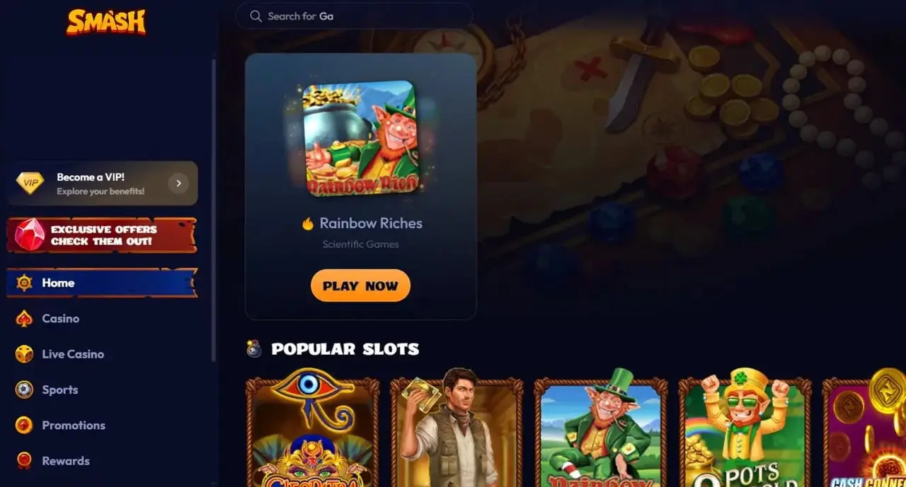 Smash Casino homepage showing its pirate-themed lobby with casino, live casino and sports navigation and a popular slots row