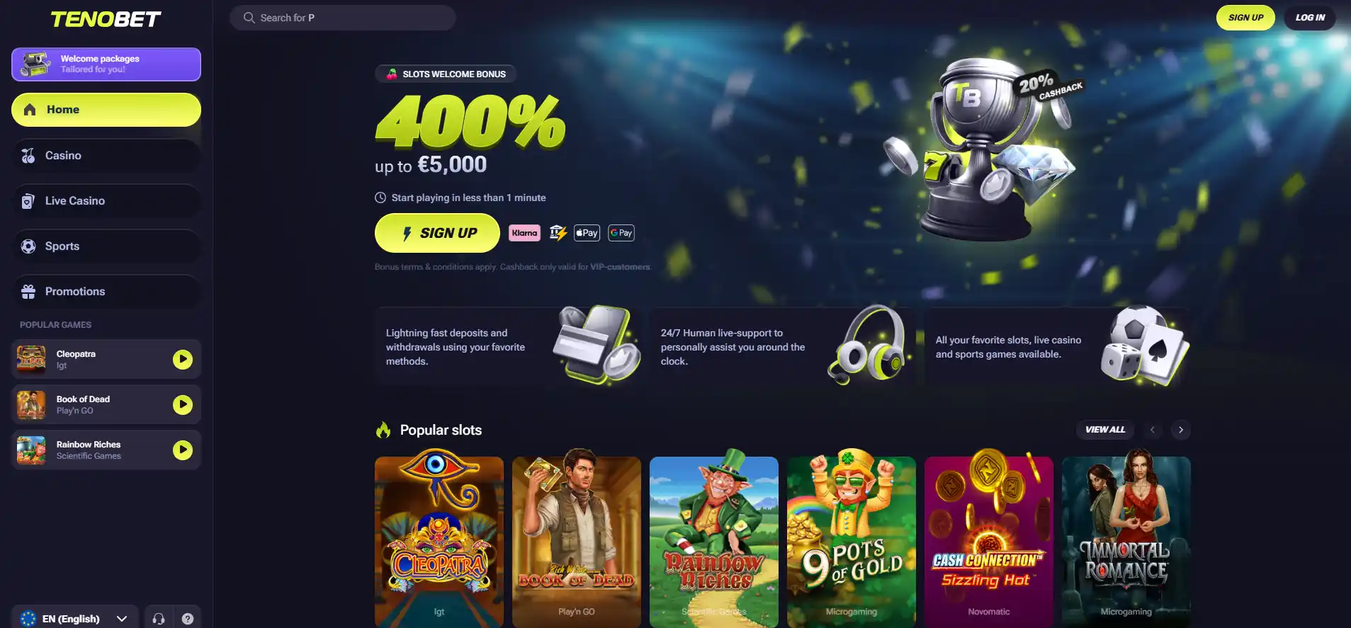 TenoBet casino homepage