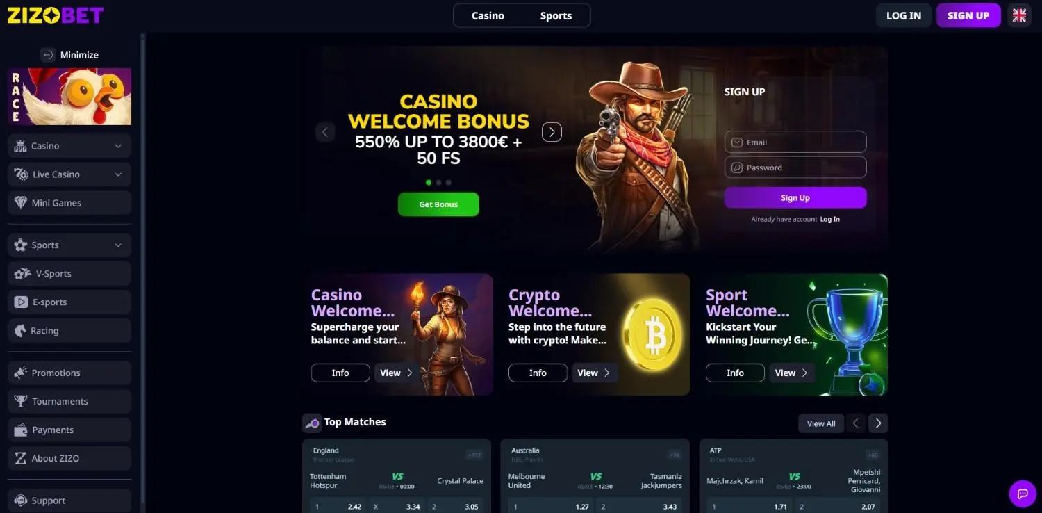 Zizobet casino homepage
