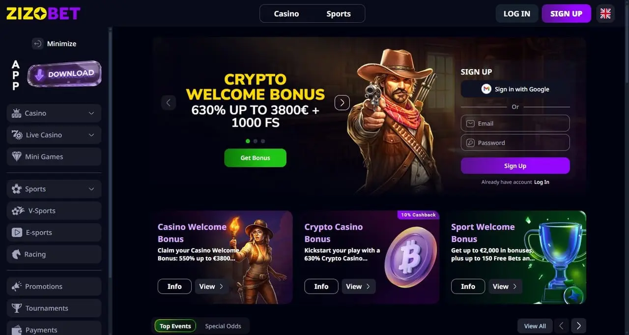 Zizobet casino homepage