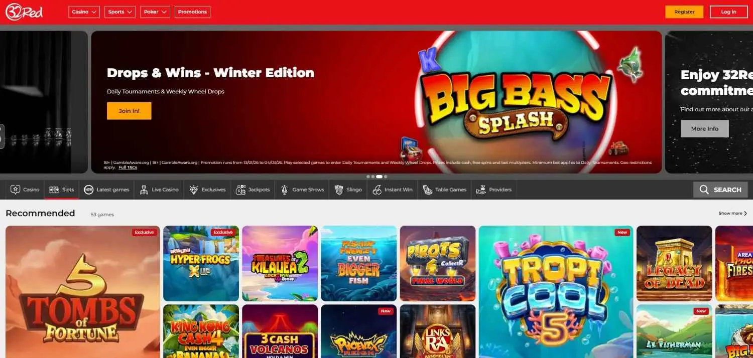 32Red homepage showing its casino lobby and welcome bonus