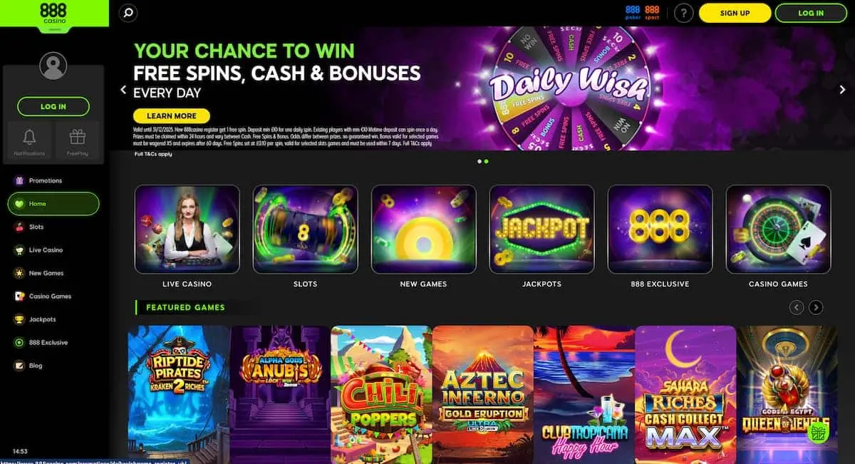 888casino homepage showing its casino lobby and welcome offer