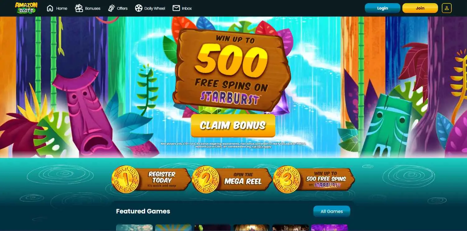 Amazon Slots homepage showing its slot lobby and welcome offer