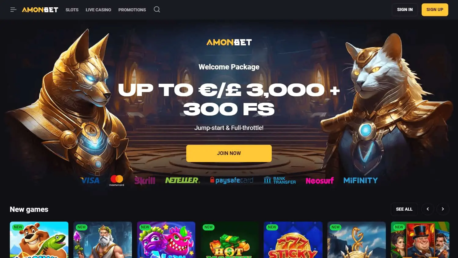 AmonBet homepage showing its welcome package and new games