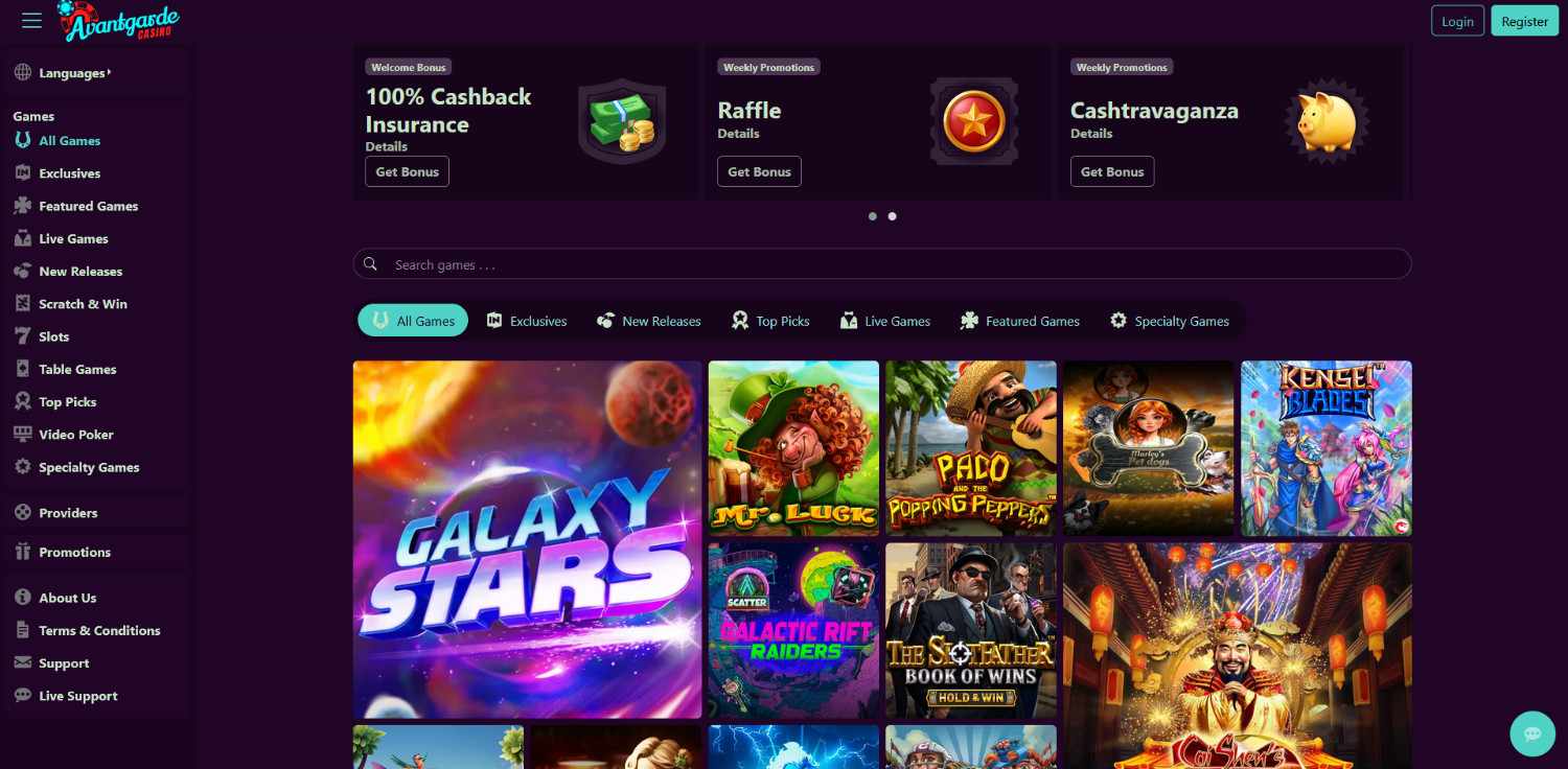 Avantgarde Casino homepage showing its 400 percent welcome offer