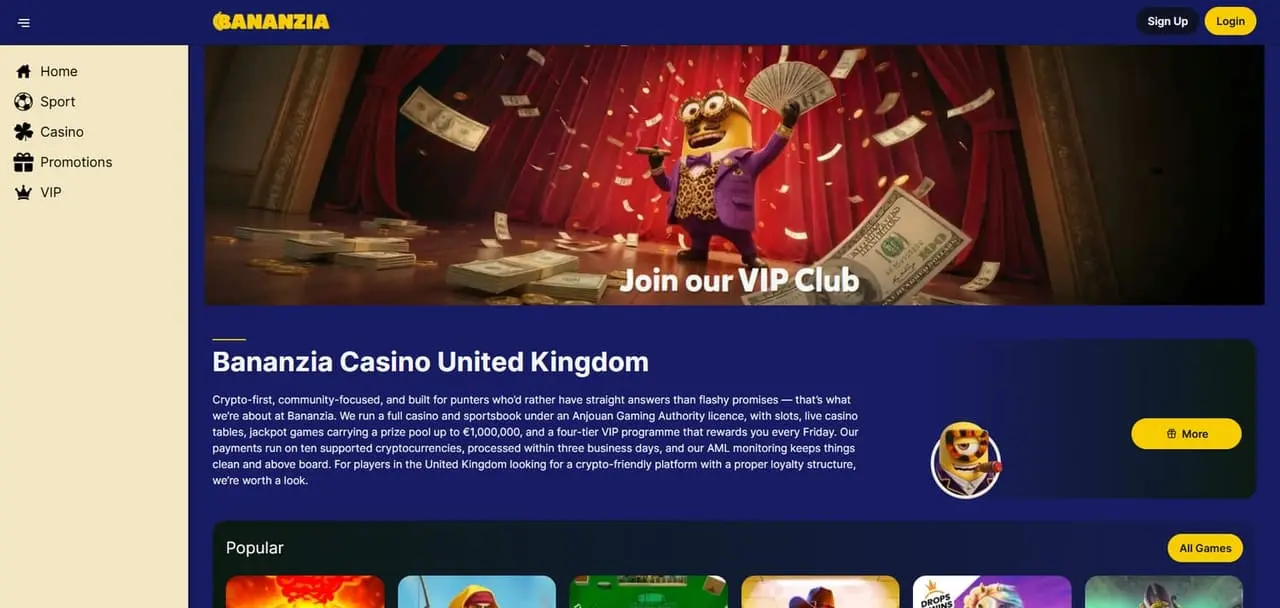 Bananzia homepage showing its banana-themed slot lobby