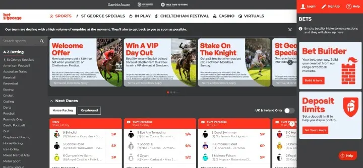 Bet St George homepage showing its sportsbook navigation and welcome offer