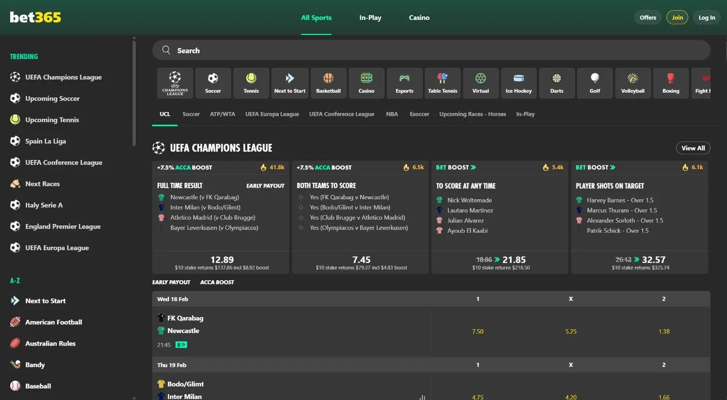 bet365 homepage showing its sports and casino navigation