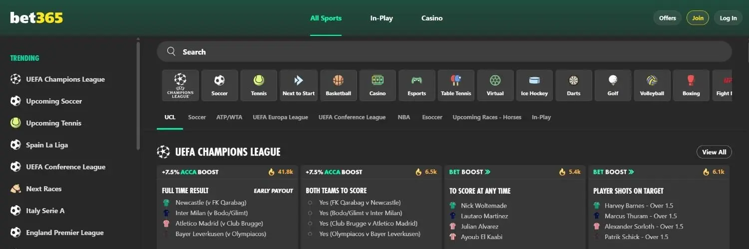 bet365 sportsbook home page showing its sport categories and Champions League markets