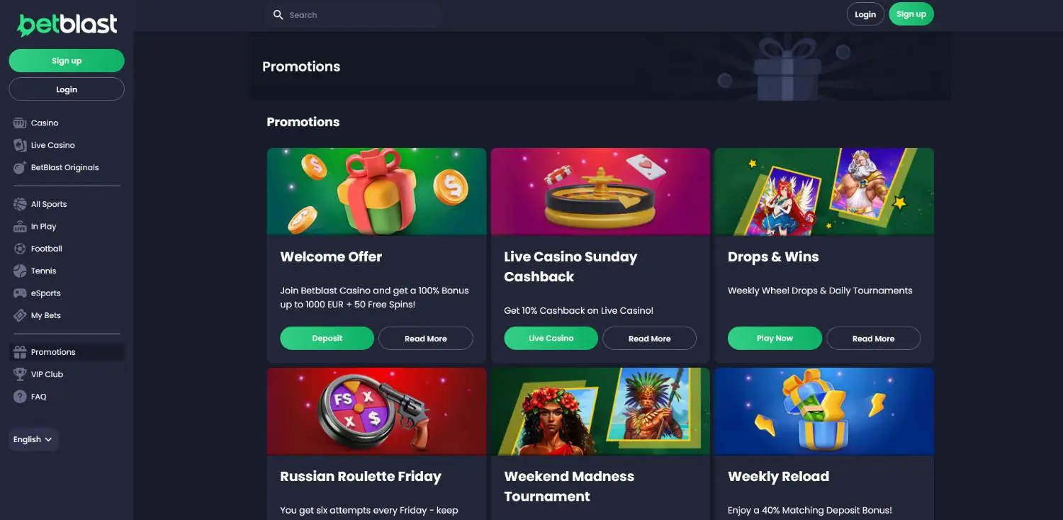 BetBlast promotions page showing its welcome offer and cashback deals