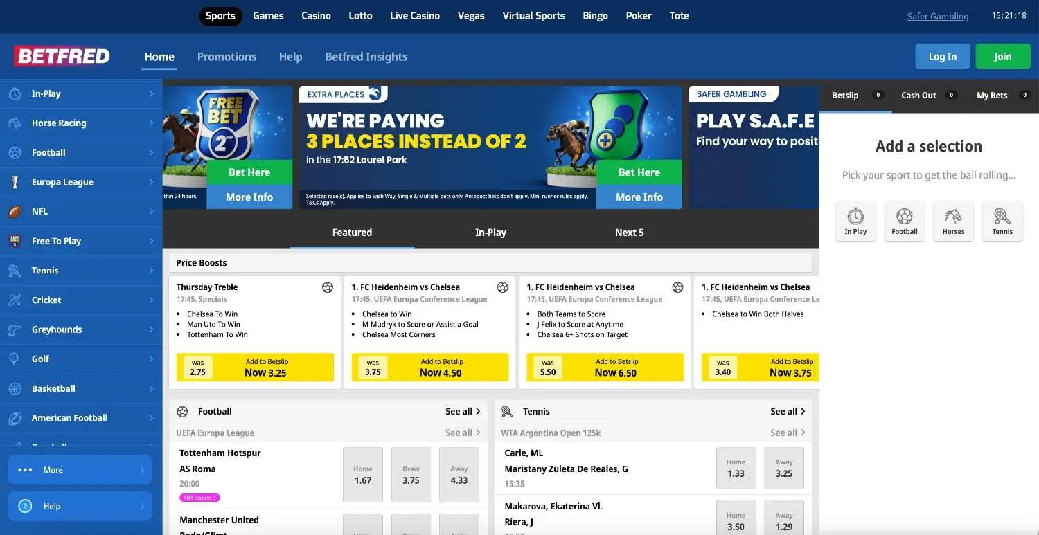 Betfred home page showing its sports menu, price boosts and safer gambling link