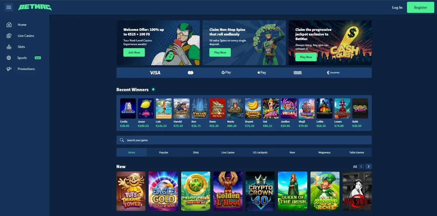 Betmac home page showing its casino lobby and welcome offer