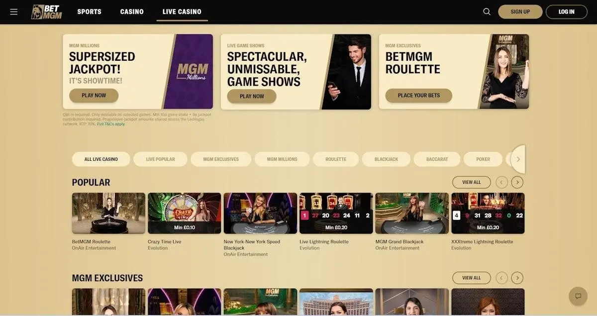 BetMGM homepage showing its casino games and promotions