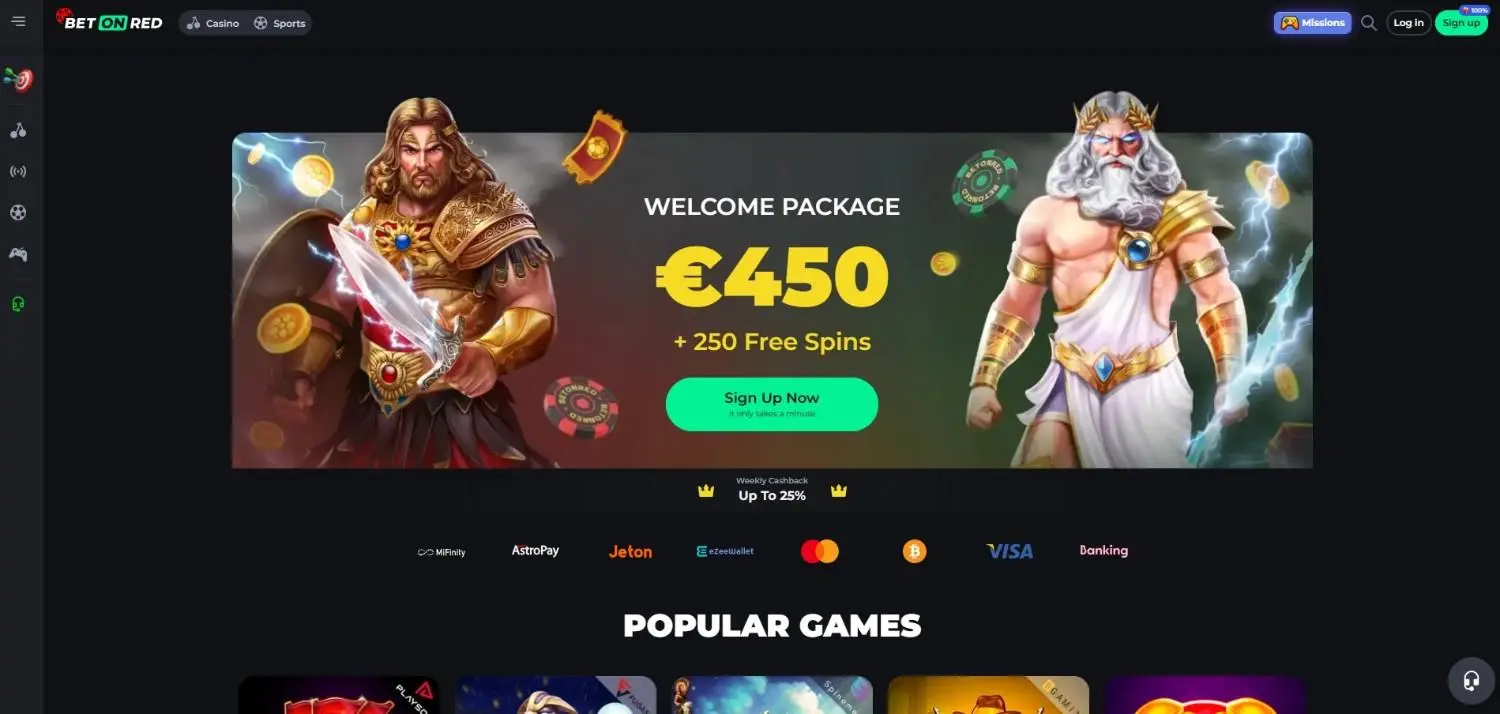 BetOnRed home page showing its welcome package and popular games