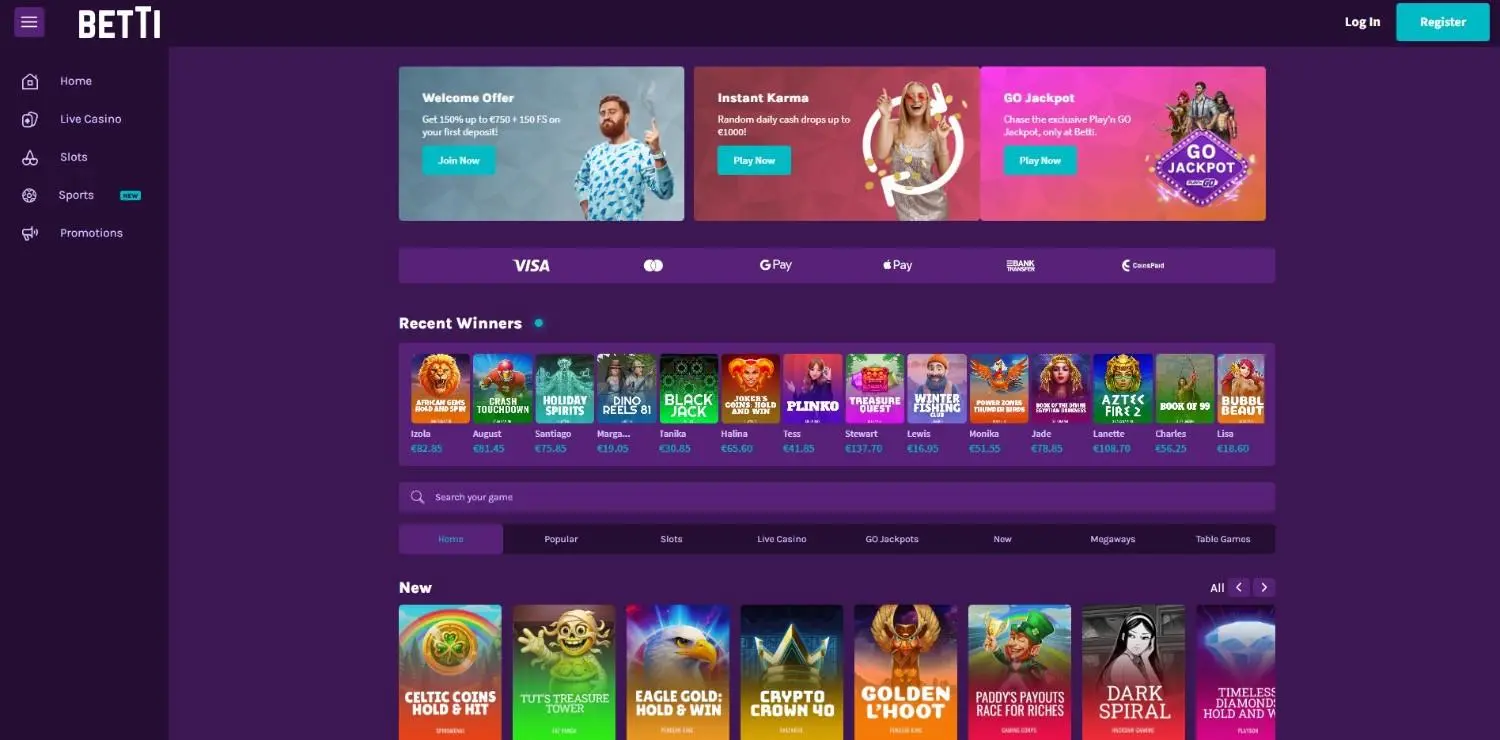 Betti homepage showing its welcome offer and recent winners rail