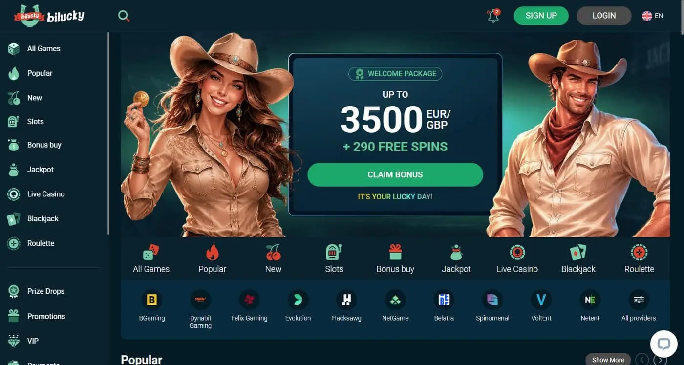 BiLucky homepage showing its welcome offer above the game lobby