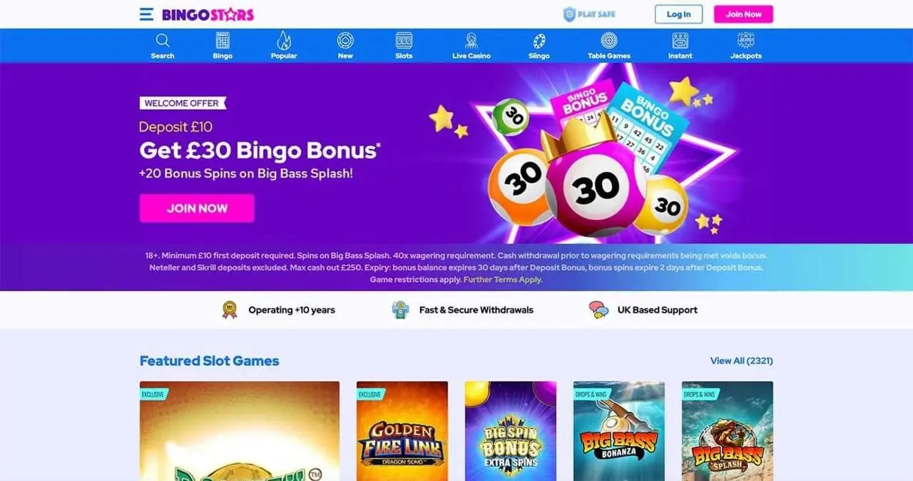 BingoStars home page showing its bingo welcome offer and featured slot games