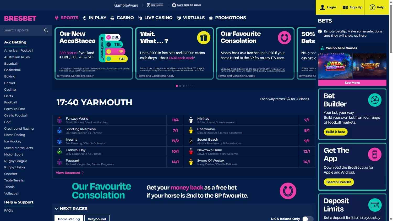 BresBet homepage showing its sportsbook markets and welcome offer