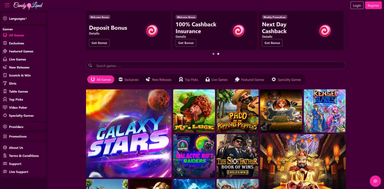 Candy Land home page showing its welcome bonus cards and game lobby