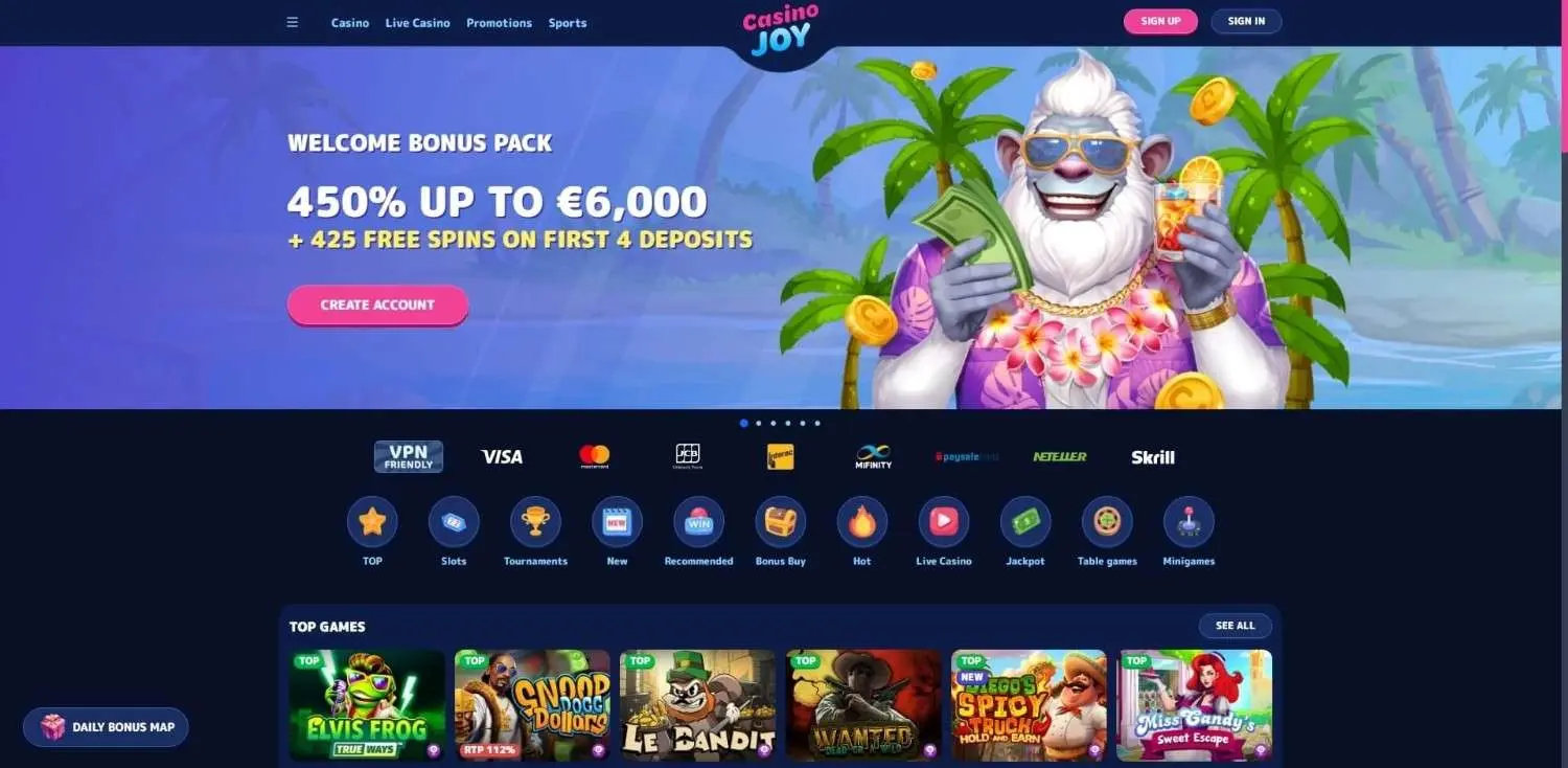 CasinoJoy home page showing its welcome bonus pack and top games rail