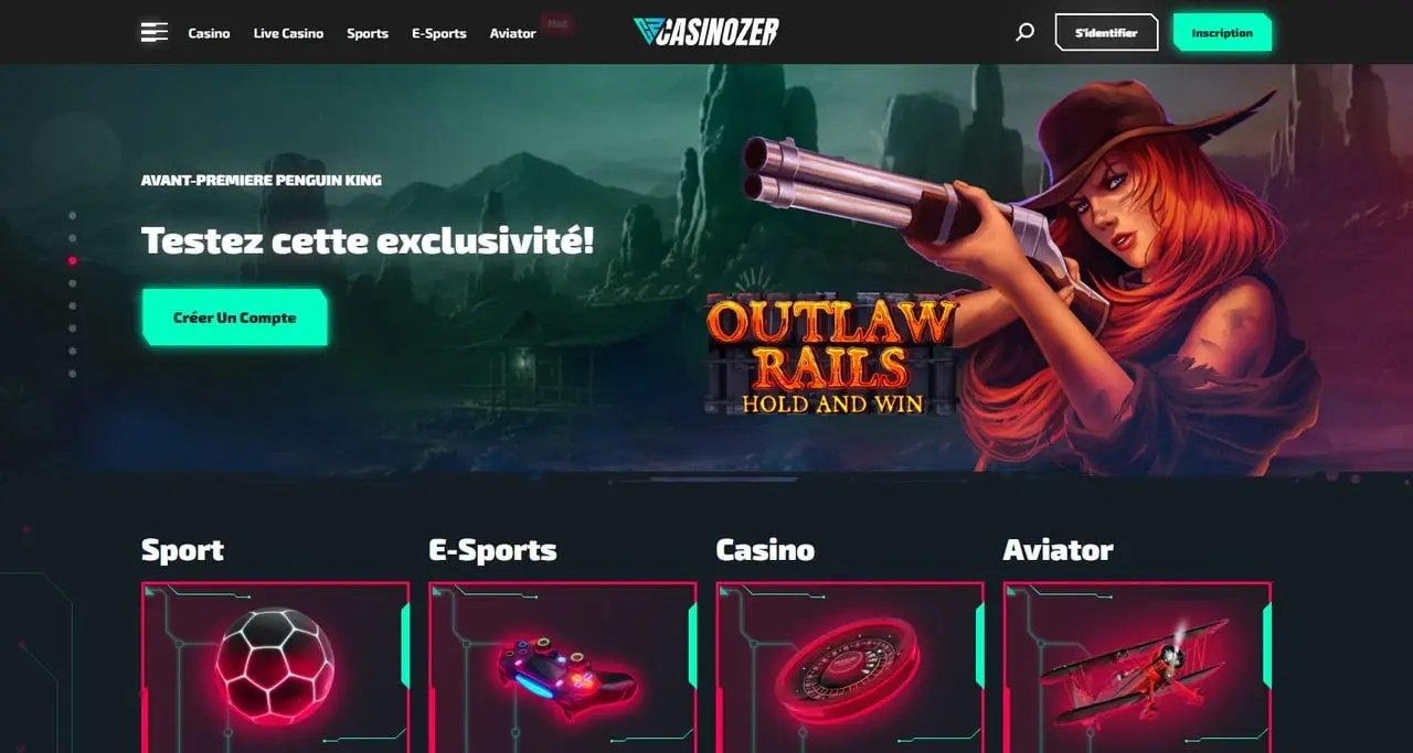 Casinozer French language home page showing its casino, sports, e-sports and Aviator sections