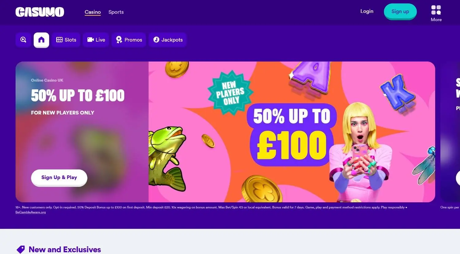 Casumo homepage showing its casino lobby and welcome offer