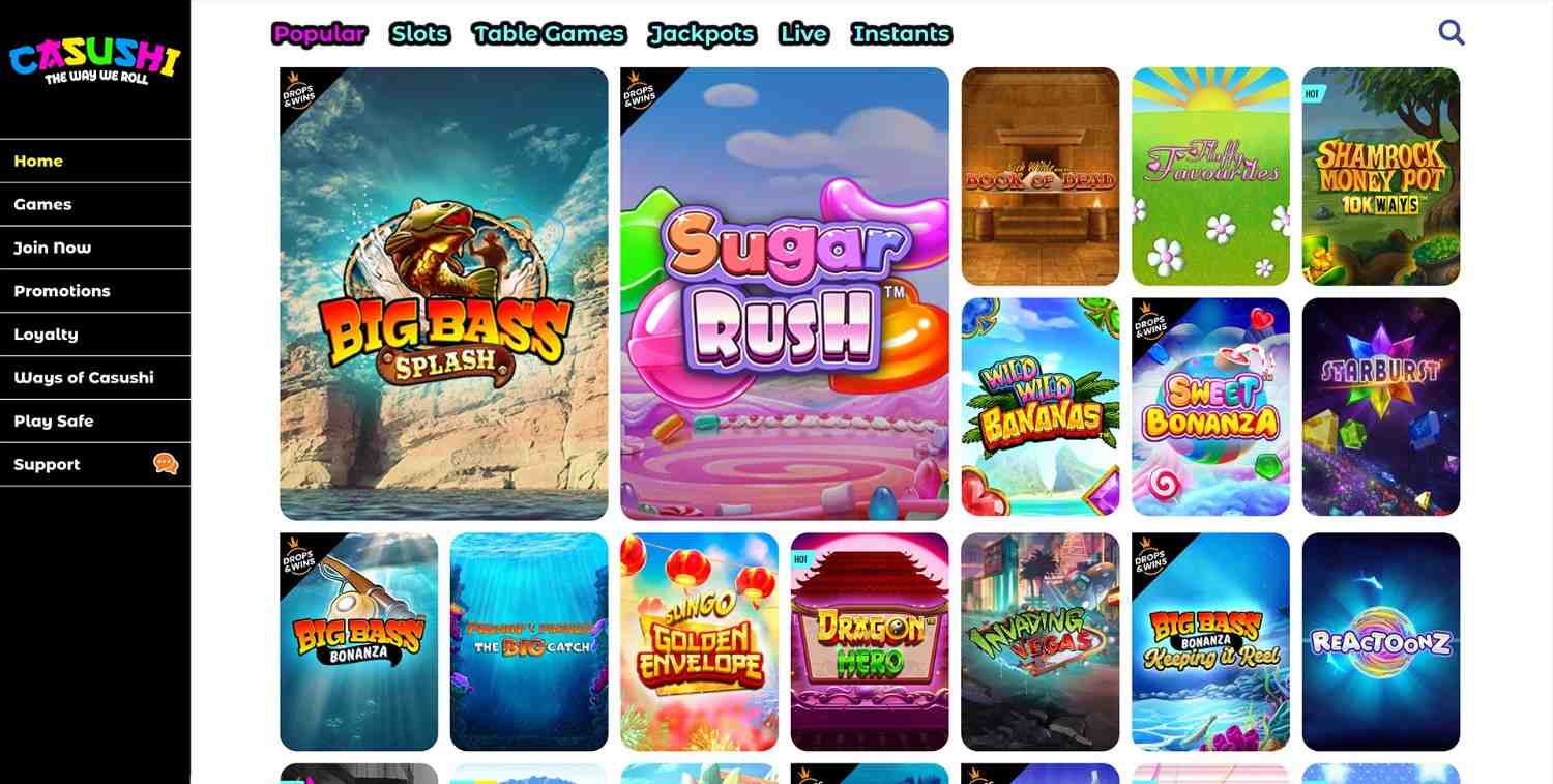 Casushi home page showing its game lobby and category navigation